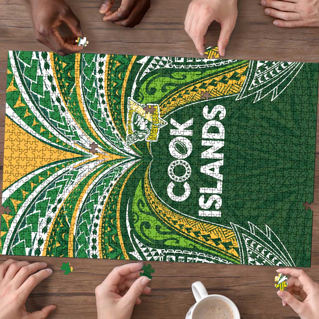 Cook Islands Rugby League Puzzle Tatau Tribal Motifs-Dark Green Color - Polynesian Pride