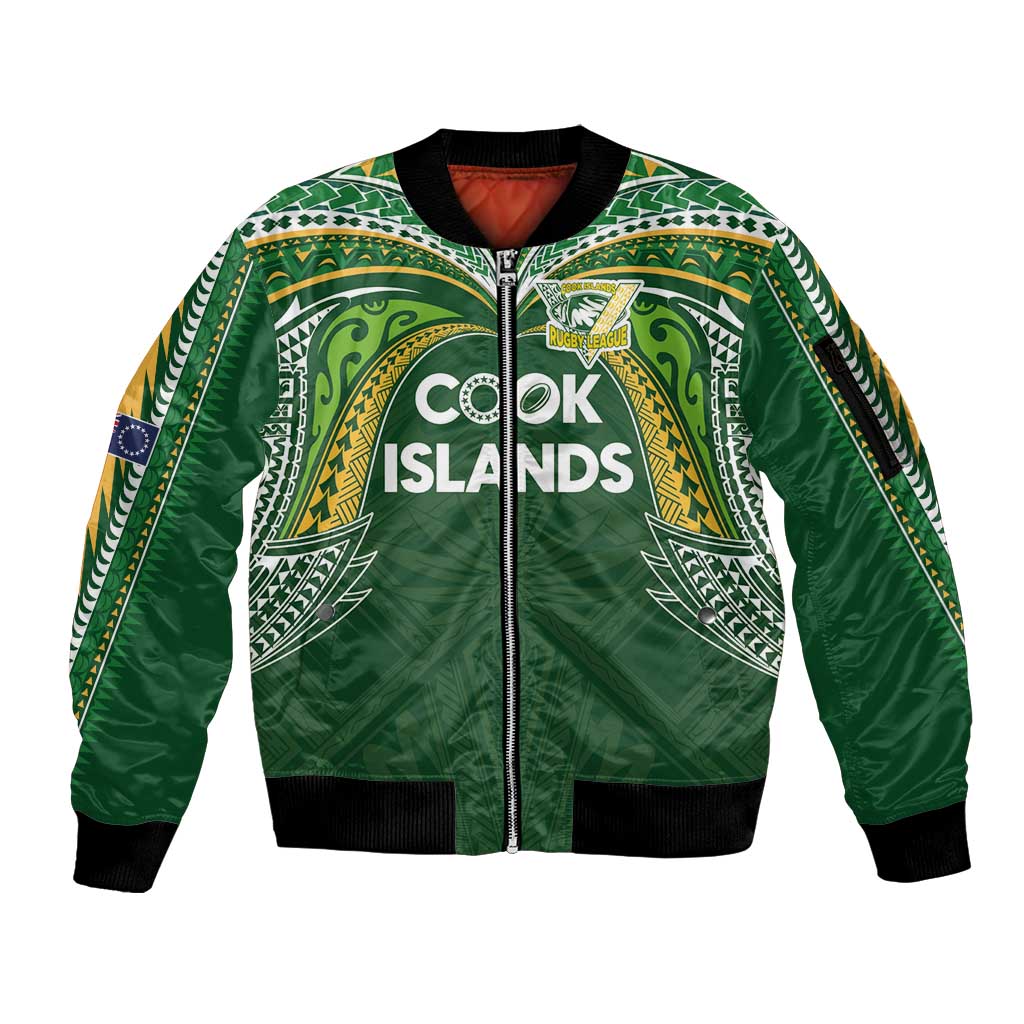 Custom Cook Islands Rugby League Sleeve Zip Bomber Jacket Tatau Tribal Motifs-Dark Green Color - Polynesian Pride