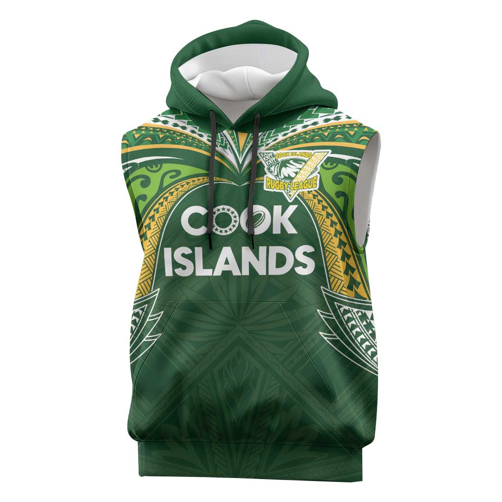 Custom Cook Islands Rugby League Sleeveless Hoodie Tatau Tribal Motifs-Dark Green Color - Polynesian Pride