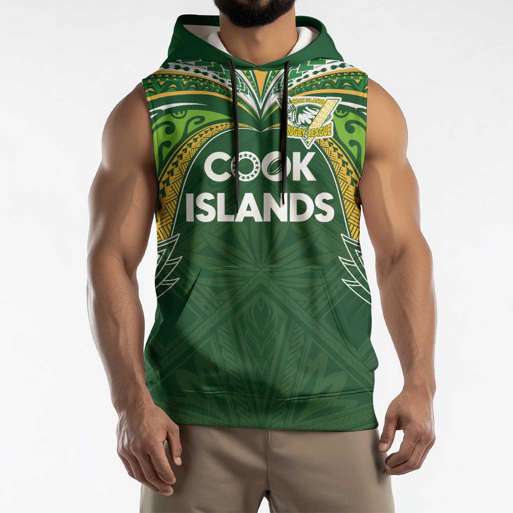 Custom Cook Islands Rugby League Sleeveless Hoodie Tatau Tribal Motifs-Dark Green Color - Polynesian Pride