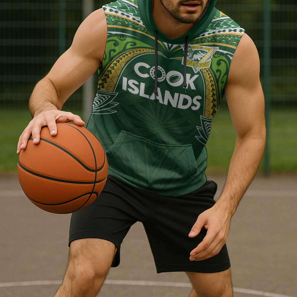 Custom Cook Islands Rugby League Sleeveless Hoodie Tatau Tribal Motifs-Dark Green Color - Polynesian Pride