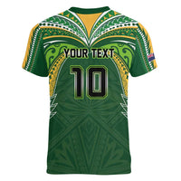 Custom Cook Islands Rugby League Women V-Neck T-Shirt Tatau Tribal Motifs-Dark Green Color - Polynesian Pride