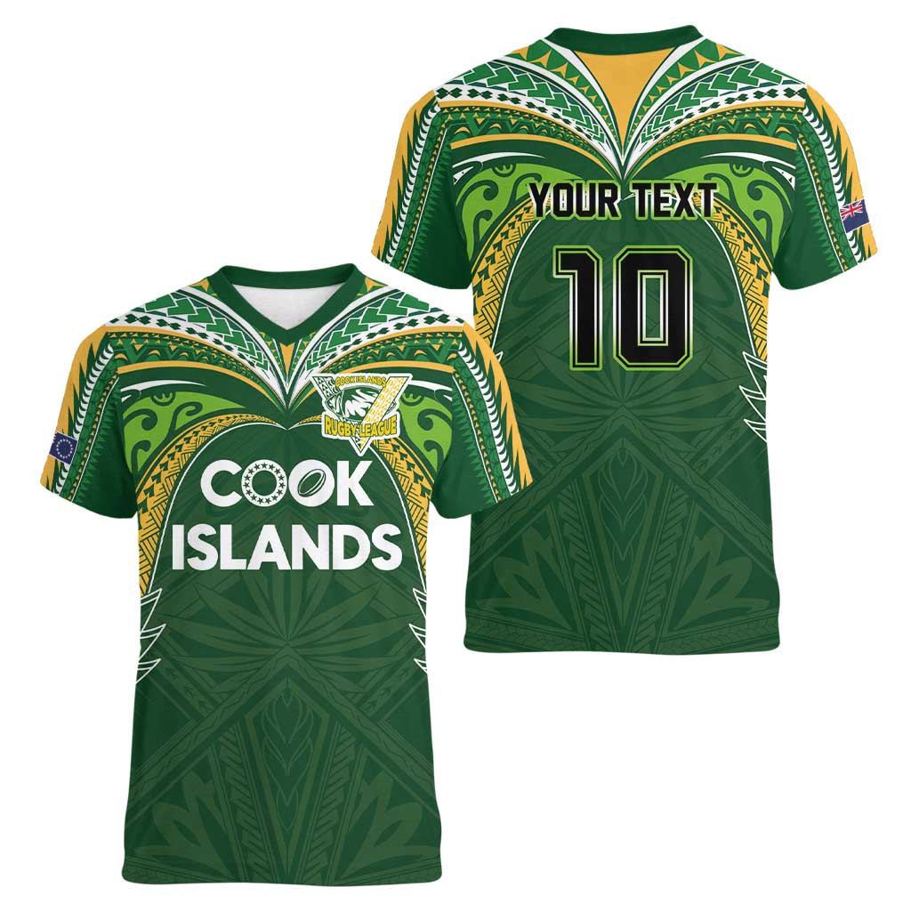 Custom Cook Islands Rugby League Women V-Neck T-Shirt Tatau Tribal Motifs-Dark Green Color - Polynesian Pride