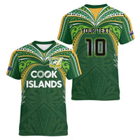 Custom Cook Islands Rugby League Women V-Neck T-Shirt Tatau Tribal Motifs-Dark Green Color - Polynesian Pride