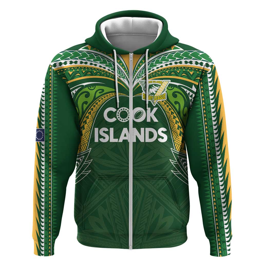 Custom Cook Islands Rugby League Zip Hoodie Tatau Tribal Motifs-Dark Green Color - Polynesian Pride