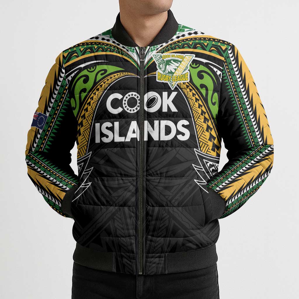 Custom Cook Islands Rugby League Bomber Puffer Jacket Tatau Tribal Motifs-Black Color - Polynesian Pride