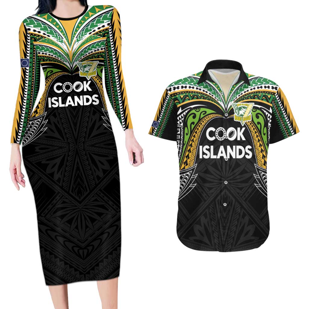 Custom Cook Islands Rugby League Couples Matching Long Sleeve Bodycon Dress and Hawaiian Shirt Tatau Tribal Motifs-Black Color - Polynesian Pride
