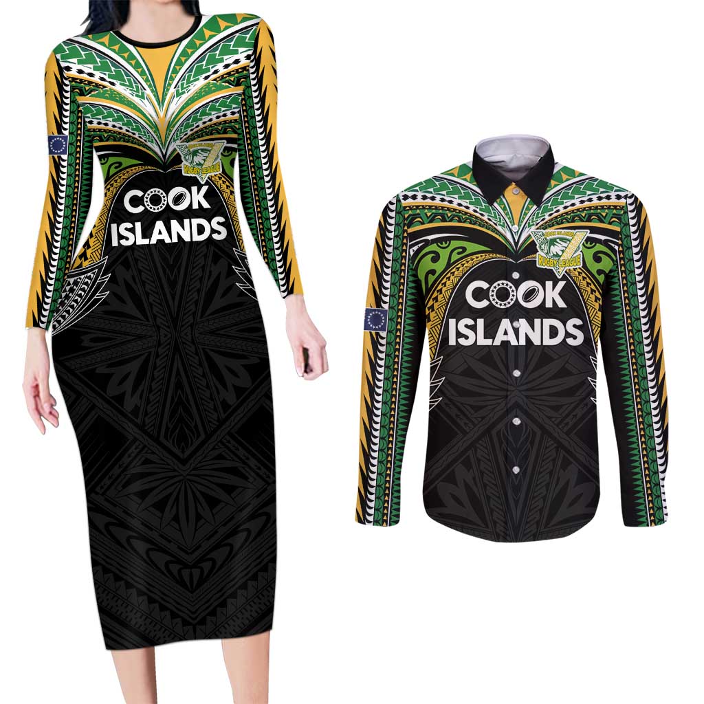 Custom Cook Islands Rugby League Couples Matching Long Sleeve Bodycon Dress and Long Sleeve Button Shirt Tatau Tribal Motifs-Black Color - Polynesian Pride