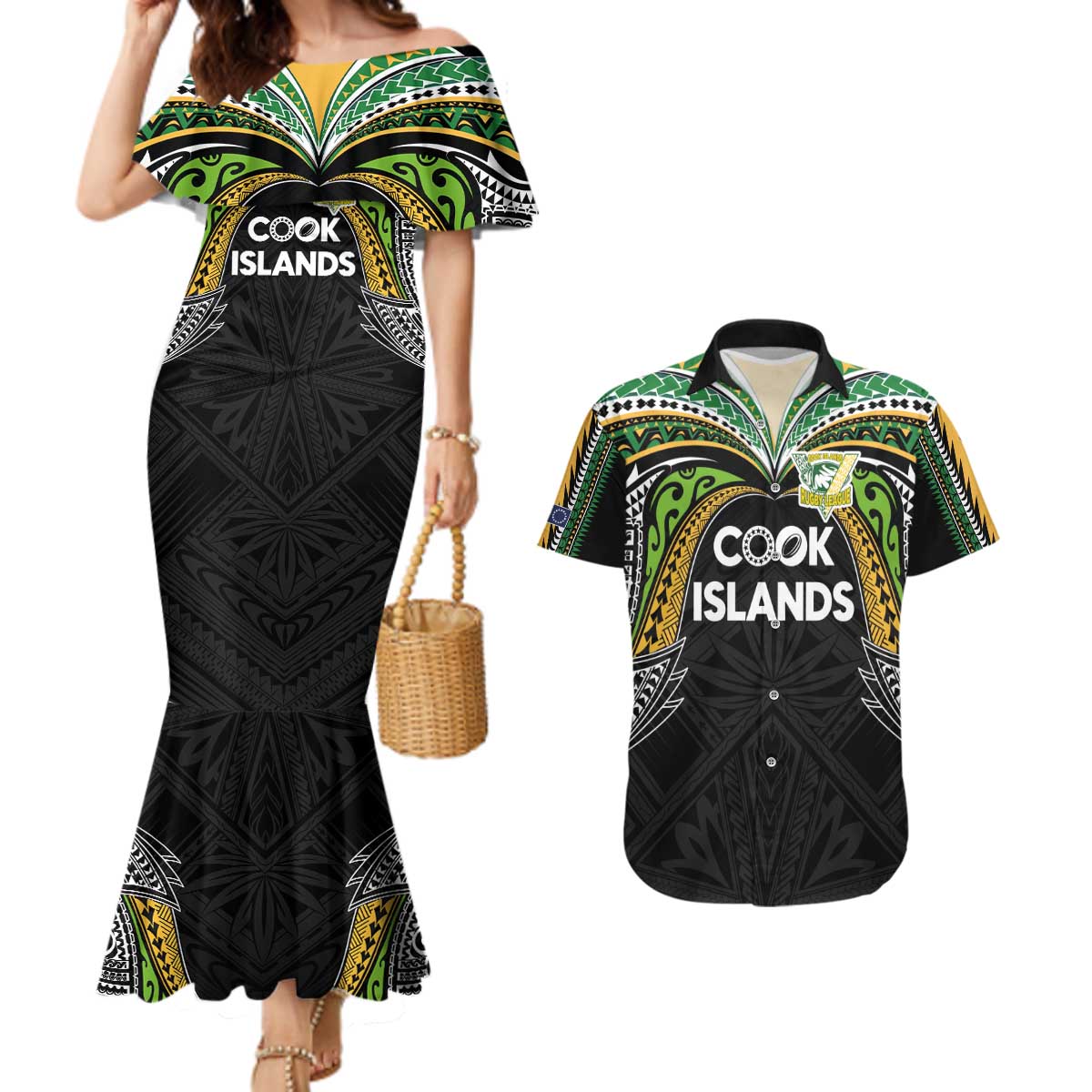 Custom Cook Islands Rugby League Couples Matching Mermaid Dress and Hawaiian Shirt Tatau Tribal Motifs-Black Color - Polynesian Pride