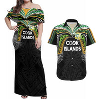 Custom Cook Islands Rugby League Couples Matching Off Shoulder Maxi Dress and Hawaiian Shirt Tatau Tribal Motifs-Black Color - Polynesian Pride