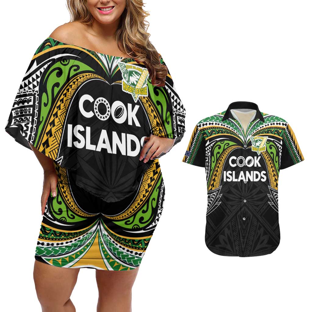 Custom Cook Islands Rugby League Couples Matching Off Shoulder Short Dress and Hawaiian Shirt Tatau Tribal Motifs-Black Color - Polynesian Pride