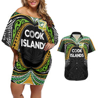 Custom Cook Islands Rugby League Couples Matching Off Shoulder Short Dress and Hawaiian Shirt Tatau Tribal Motifs-Black Color - Polynesian Pride