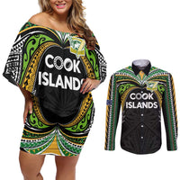Custom Cook Islands Rugby League Couples Matching Off Shoulder Short Dress and Long Sleeve Button Shirt Tatau Tribal Motifs-Black Color - Polynesian Pride