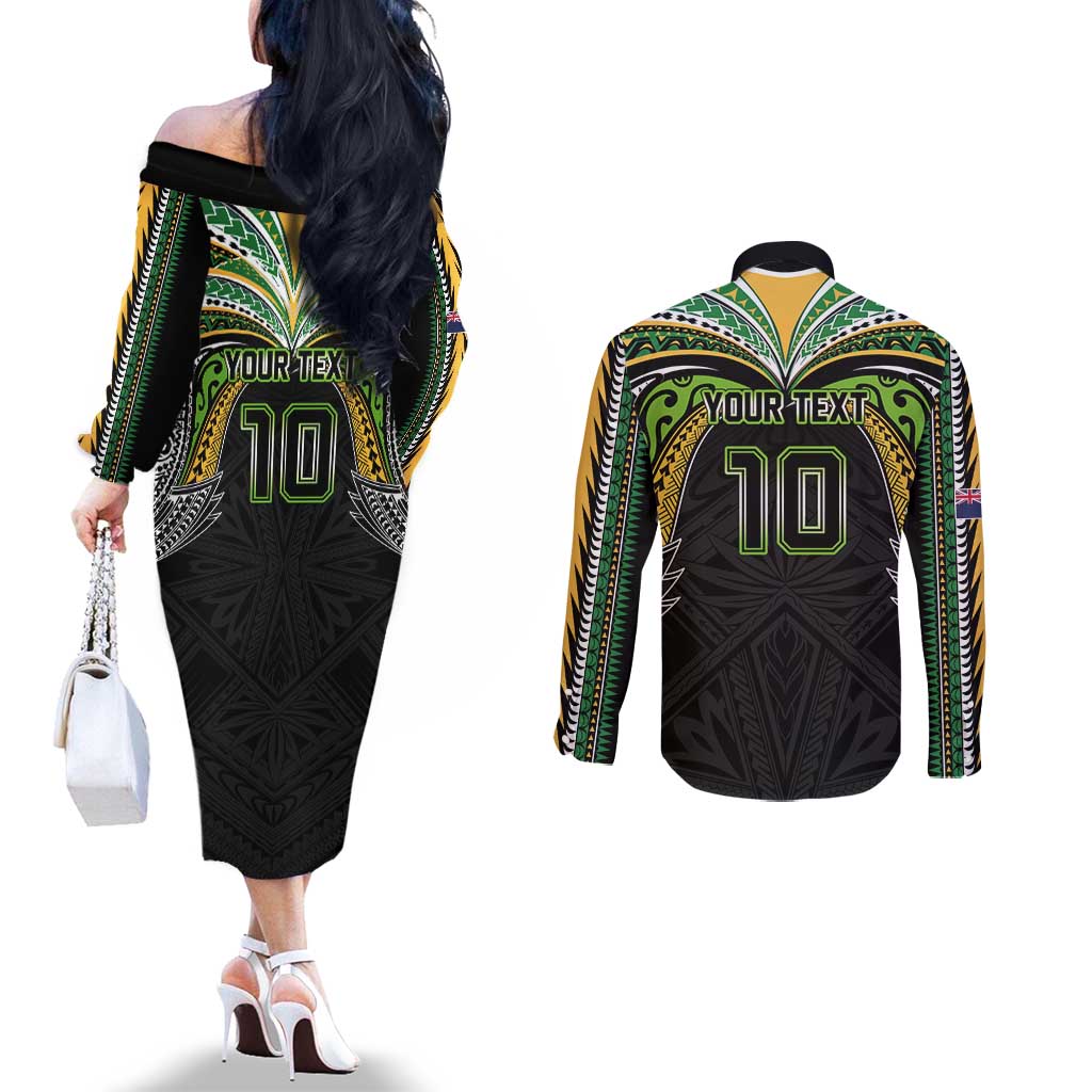Custom Cook Islands Rugby League Couples Matching Off The Shoulder Long Sleeve Dress and Long Sleeve Button Shirt Tatau Tribal Motifs-Black Color - Polynesian Pride