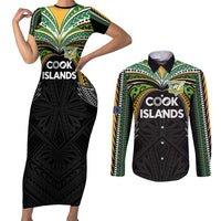 Custom Cook Islands Rugby League Couples Matching Short Sleeve Bodycon Dress and Long Sleeve Button Shirt Tatau Tribal Motifs-Black Color - Polynesian Pride