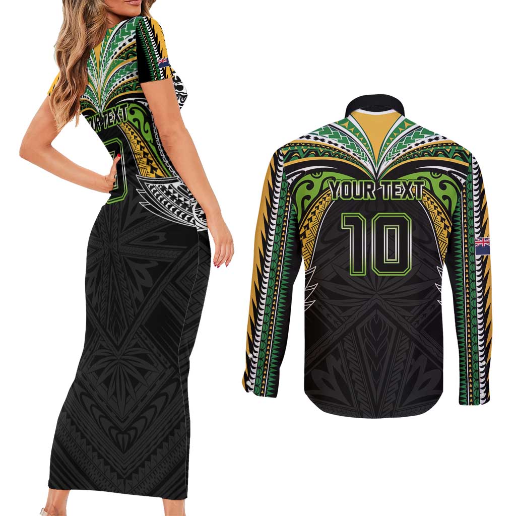 Custom Cook Islands Rugby League Couples Matching Short Sleeve Bodycon Dress and Long Sleeve Button Shirt Tatau Tribal Motifs-Black Color - Polynesian Pride