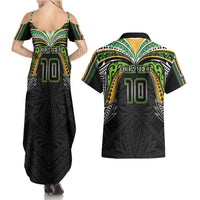 Custom Cook Islands Rugby League Couples Matching Summer Maxi Dress and Hawaiian Shirt Tatau Tribal Motifs-Black Color - Polynesian Pride