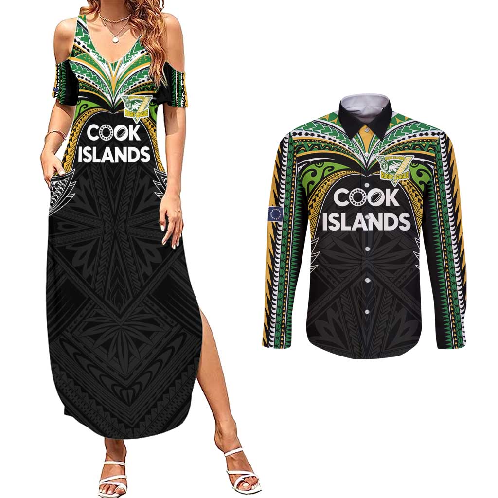 Custom Cook Islands Rugby League Couples Matching Summer Maxi Dress and Long Sleeve Button Shirt Tatau Tribal Motifs-Black Color - Polynesian Pride