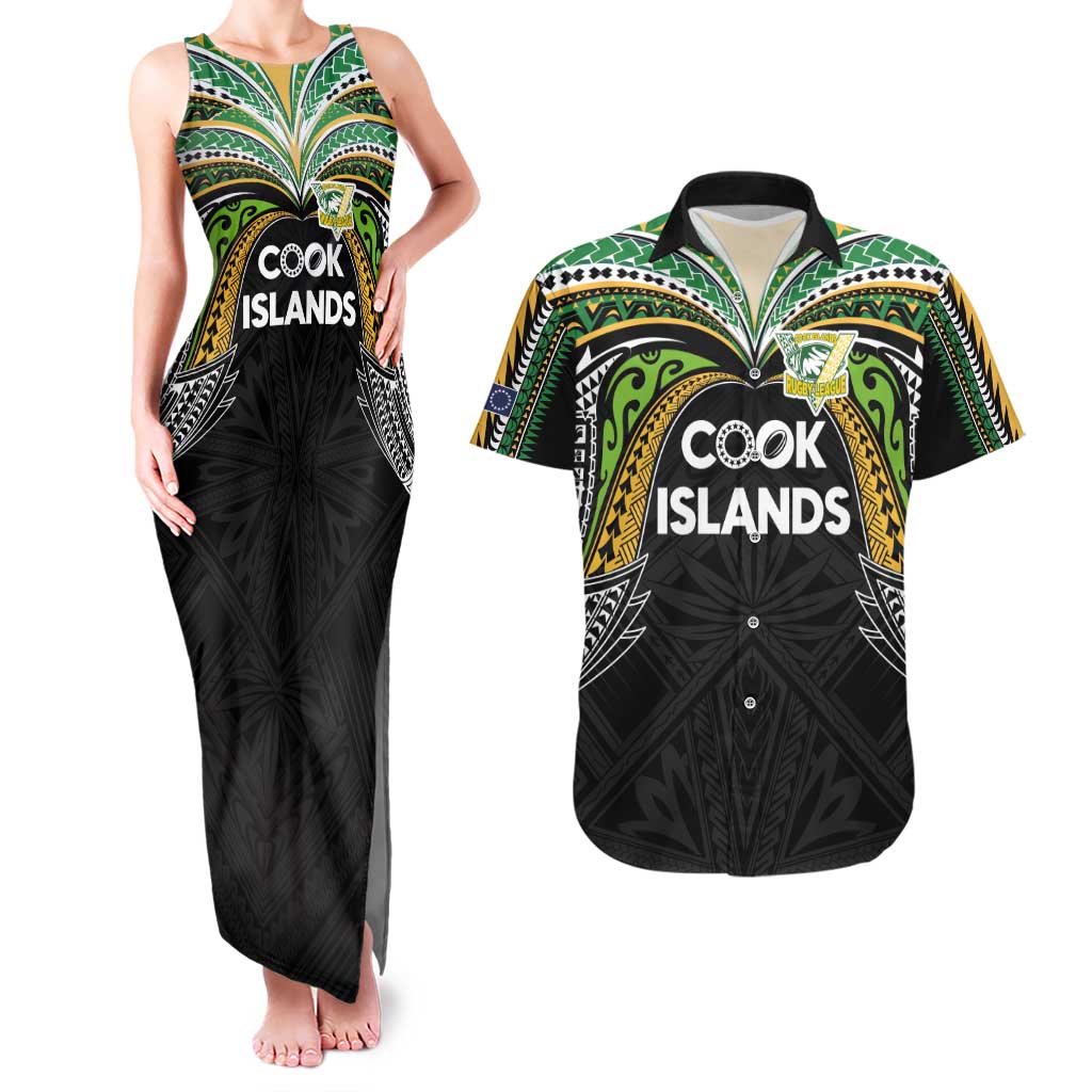Custom Cook Islands Rugby League Couples Matching Tank Maxi Dress and Hawaiian Shirt Tatau Tribal Motifs-Black Color - Polynesian Pride