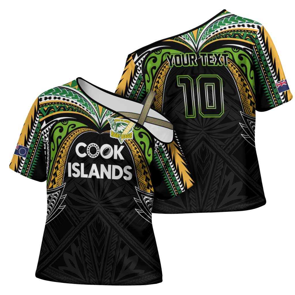 Custom Cook Islands Rugby League Cross Shoulder Shirt Tatau Tribal Motifs-Black Color - Polynesian Pride