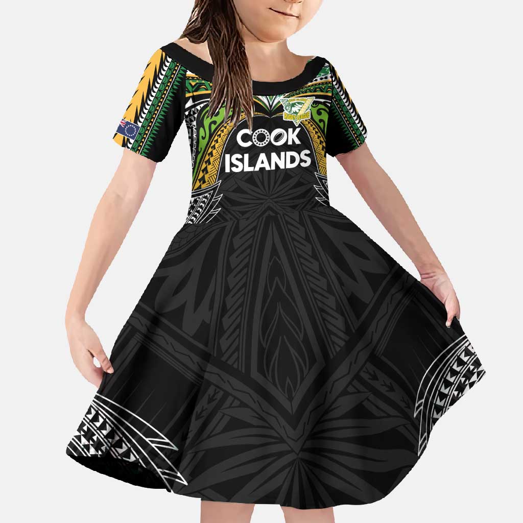 Custom Cook Islands Rugby League Family Matching Long Sleeve Bodycon Dress and Hawaiian Shirt Tatau Tribal Motifs-Black Color - Polynesian Pride