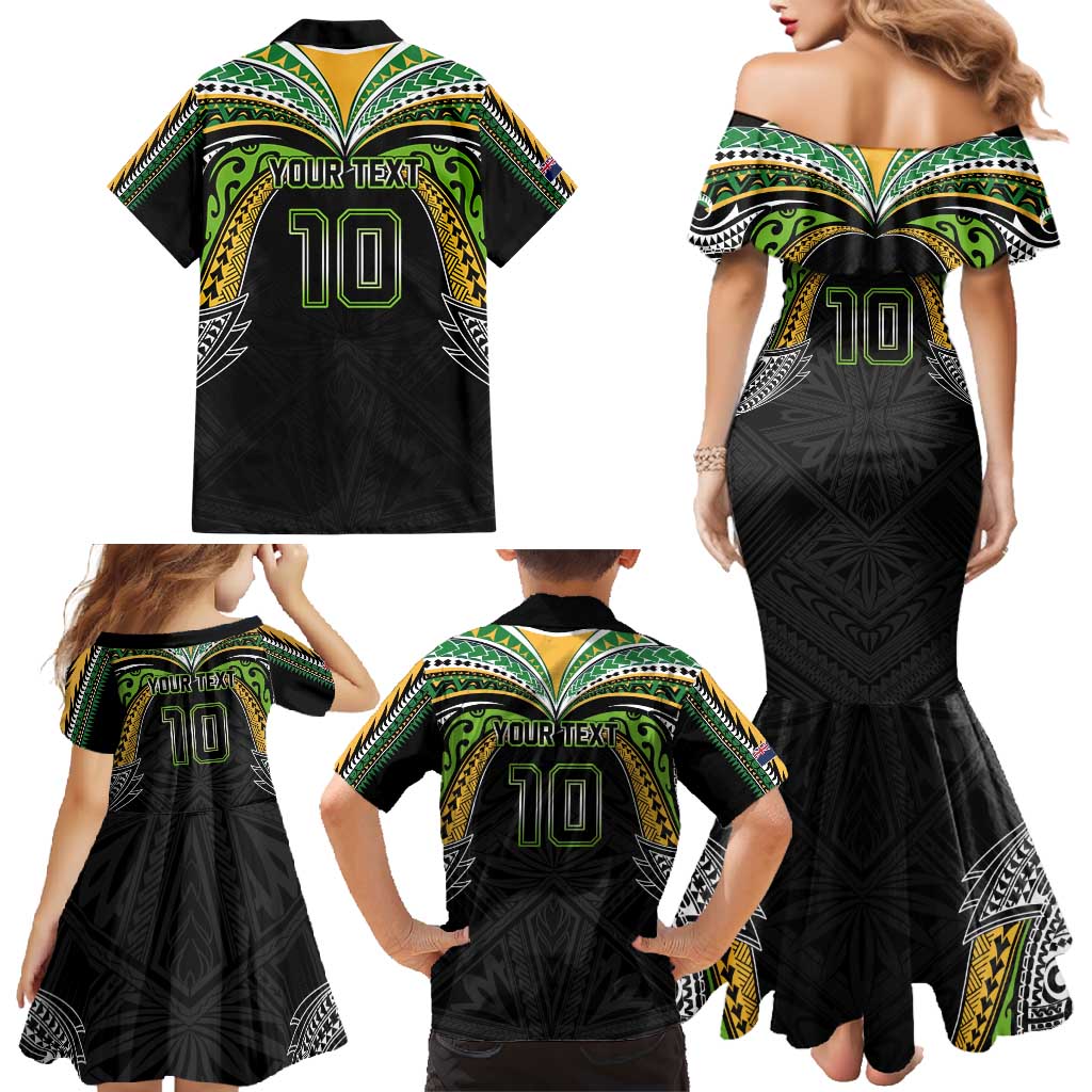 Custom Cook Islands Rugby League Family Matching Mermaid Dress and Hawaiian Shirt Tatau Tribal Motifs-Black Color - Polynesian Pride