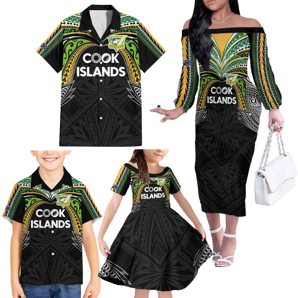 Custom Cook Islands Rugby League Family Matching Off The Shoulder Long Sleeve Dress and Hawaiian Shirt Tatau Tribal Motifs-Black Color - Polynesian Pride