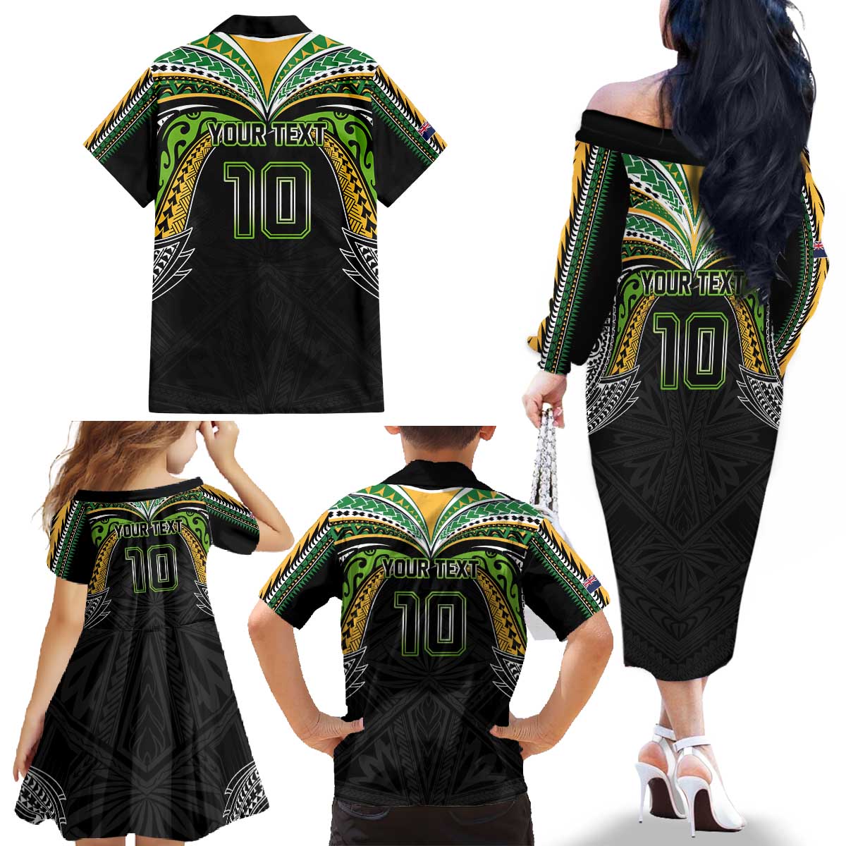 Custom Cook Islands Rugby League Family Matching Off The Shoulder Long Sleeve Dress and Hawaiian Shirt Tatau Tribal Motifs-Black Color - Polynesian Pride