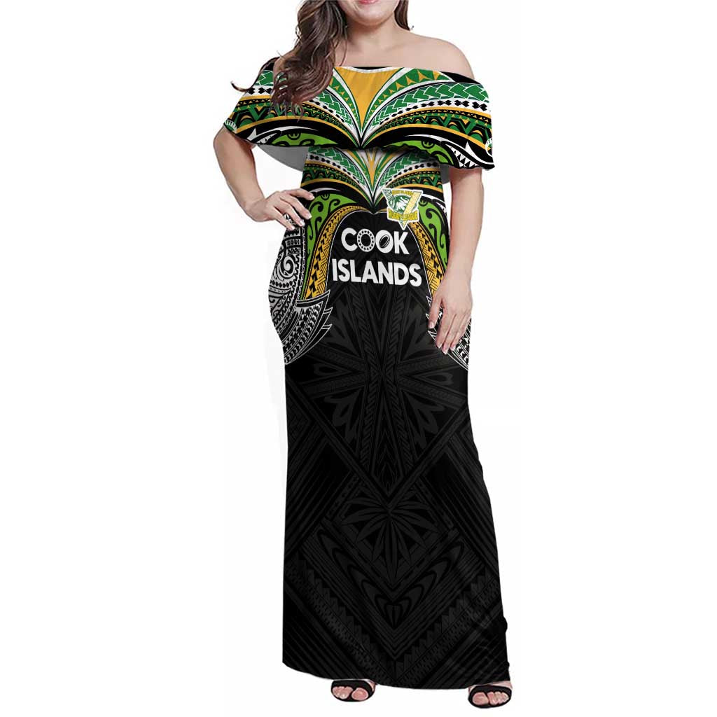 Custom Cook Islands Rugby League Family Matching Off Shoulder Maxi Dress and Hawaiian Shirt Tatau Tribal Motifs-Black Color - Polynesian Pride