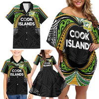 Custom Cook Islands Rugby League Family Matching Off Shoulder Short Dress and Hawaiian Shirt Tatau Tribal Motifs-Black Color - Polynesian Pride