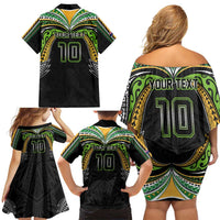 Custom Cook Islands Rugby League Family Matching Off Shoulder Short Dress and Hawaiian Shirt Tatau Tribal Motifs-Black Color - Polynesian Pride