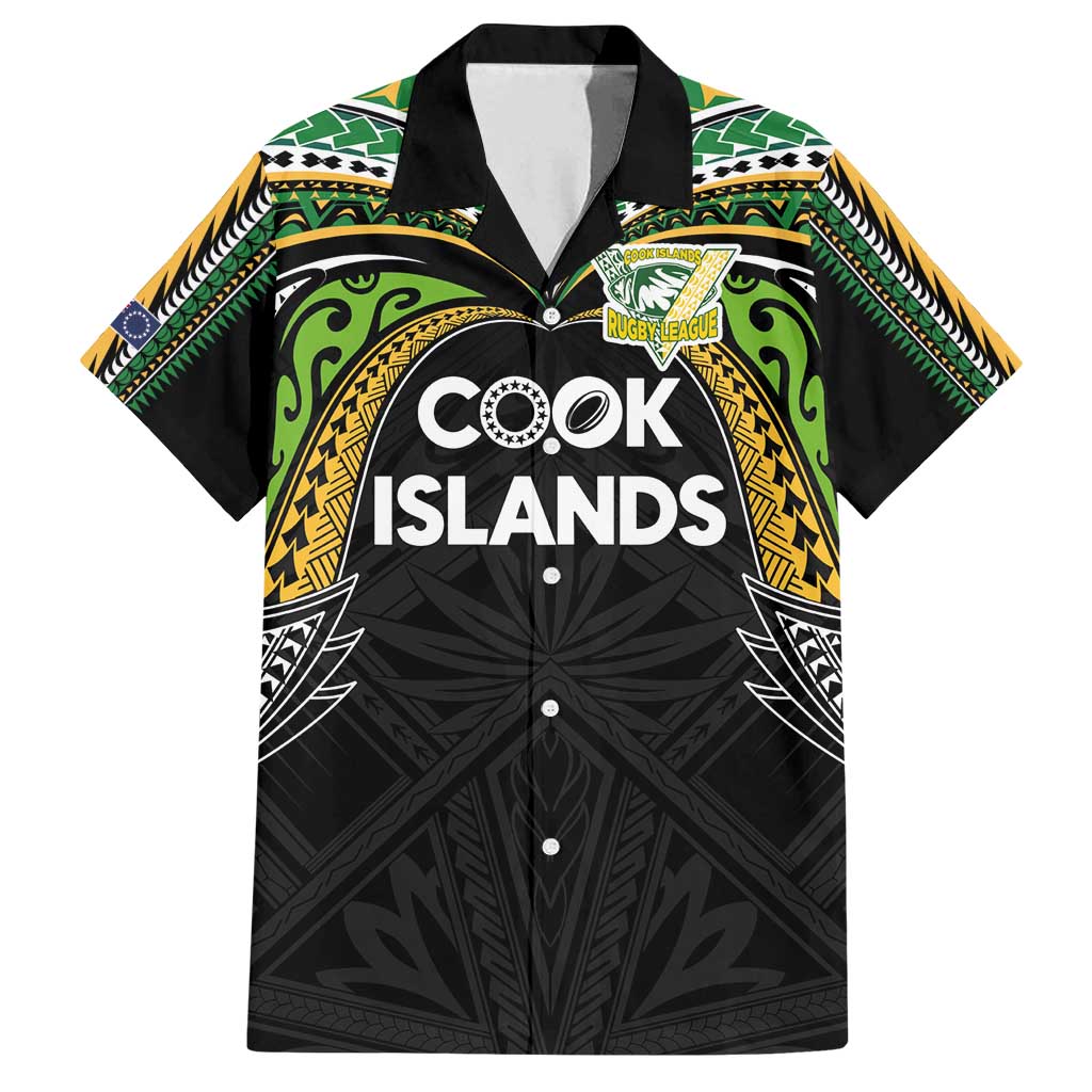 Custom Cook Islands Rugby League Family Matching Off Shoulder Short Dress and Hawaiian Shirt Tatau Tribal Motifs-Black Color - Polynesian Pride