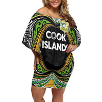 Custom Cook Islands Rugby League Family Matching Off Shoulder Short Dress and Hawaiian Shirt Tatau Tribal Motifs-Black Color - Polynesian Pride