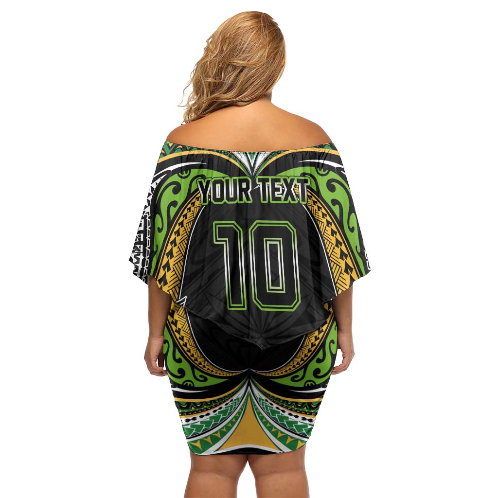 Custom Cook Islands Rugby League Family Matching Off Shoulder Short Dress and Hawaiian Shirt Tatau Tribal Motifs-Black Color - Polynesian Pride