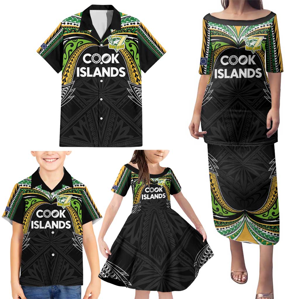 Custom Cook Islands Rugby League Family Matching Puletasi and Hawaiian Shirt Tatau Tribal Motifs-Black Color - Polynesian Pride
