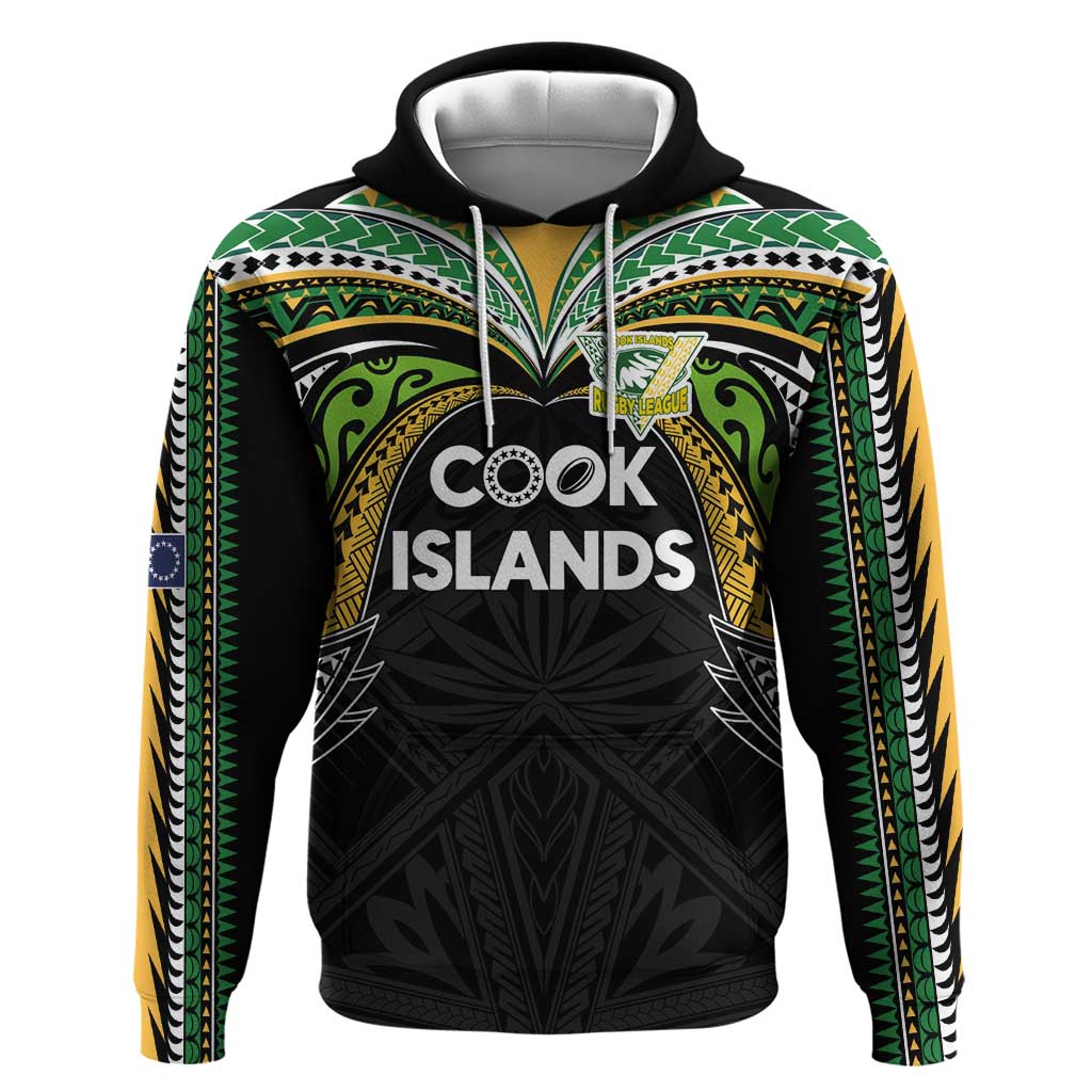 Custom Cook Islands Rugby League Hoodie Tatau Tribal Motifs-Black Color - Polynesian Pride