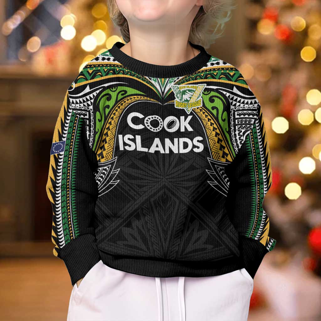 Custom Cook Islands Rugby League Kid Ugly Christmas Sweater Tatau Tribal Motifs-Black Color - Polynesian Pride