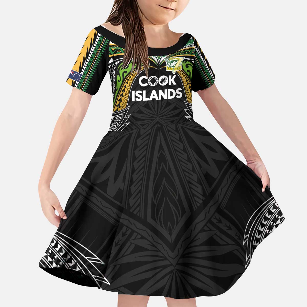 Custom Cook Islands Rugby League Kid Short Sleeve Dress Tatau Tribal Motifs-Black Color - Polynesian Pride