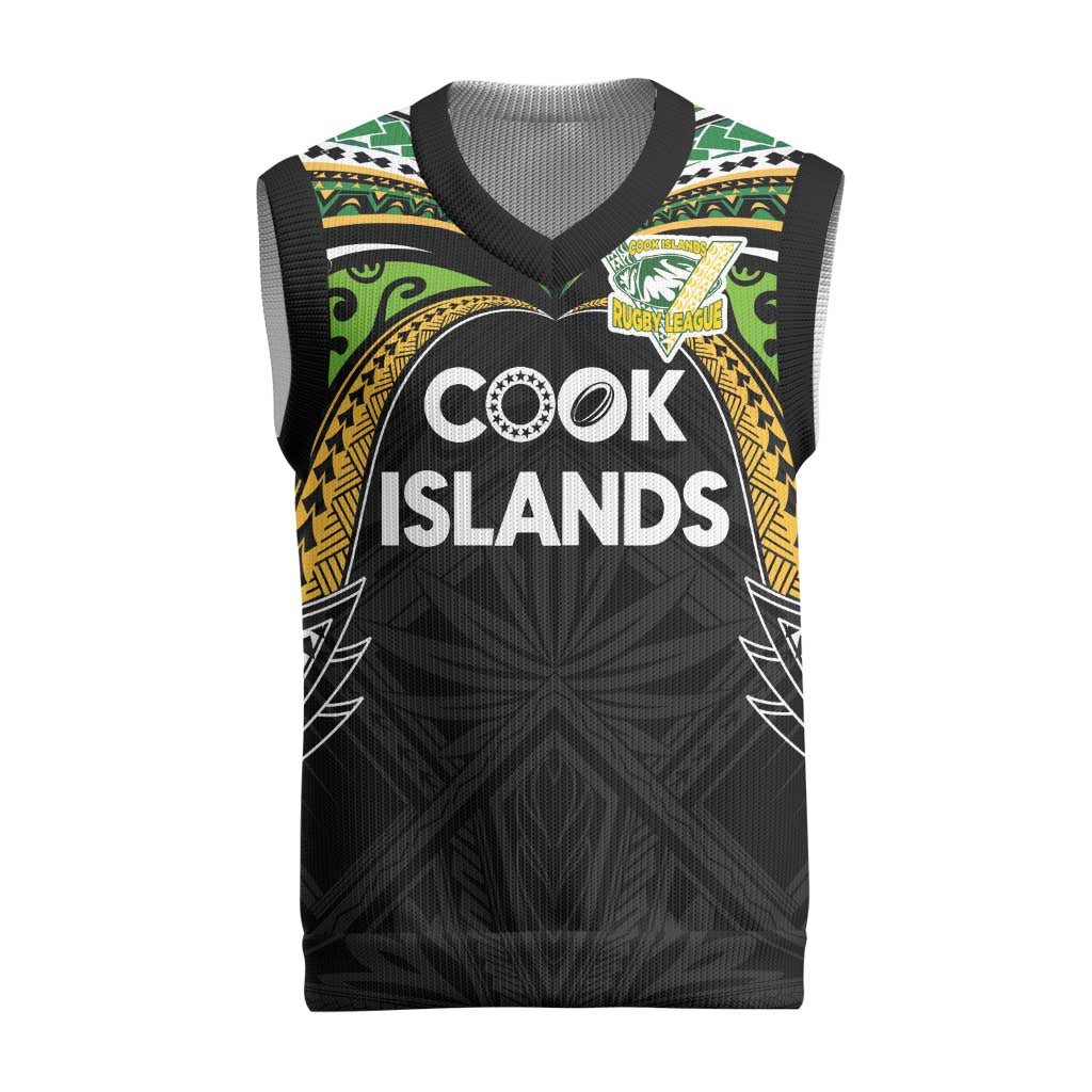 Custom Cook Islands Rugby League Christmas Knitted V-Neck Vest Tatau Tribal Motifs-Black Color - Polynesian Pride
