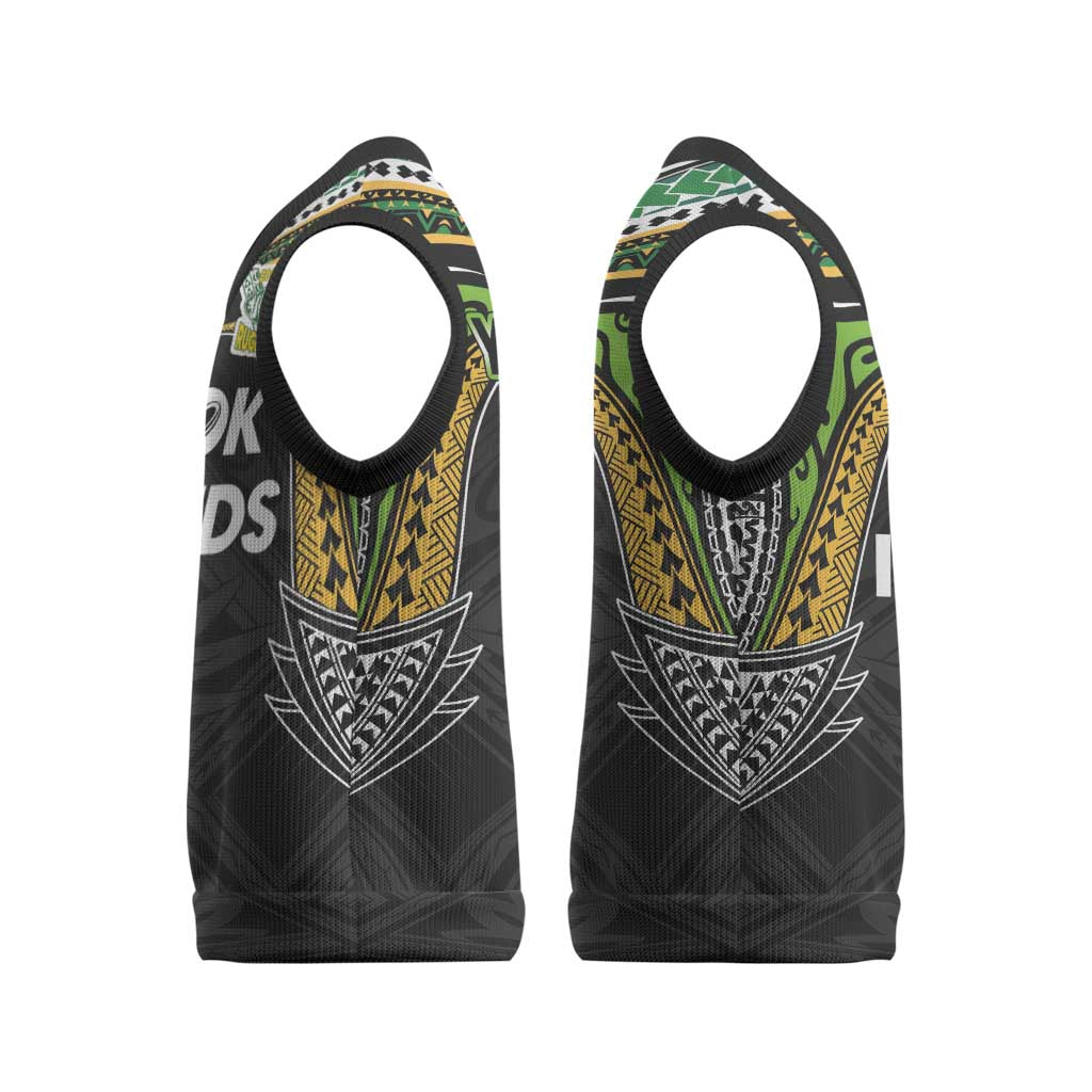 Custom Cook Islands Rugby League Christmas Knitted V-Neck Vest Tatau Tribal Motifs-Black Color - Polynesian Pride