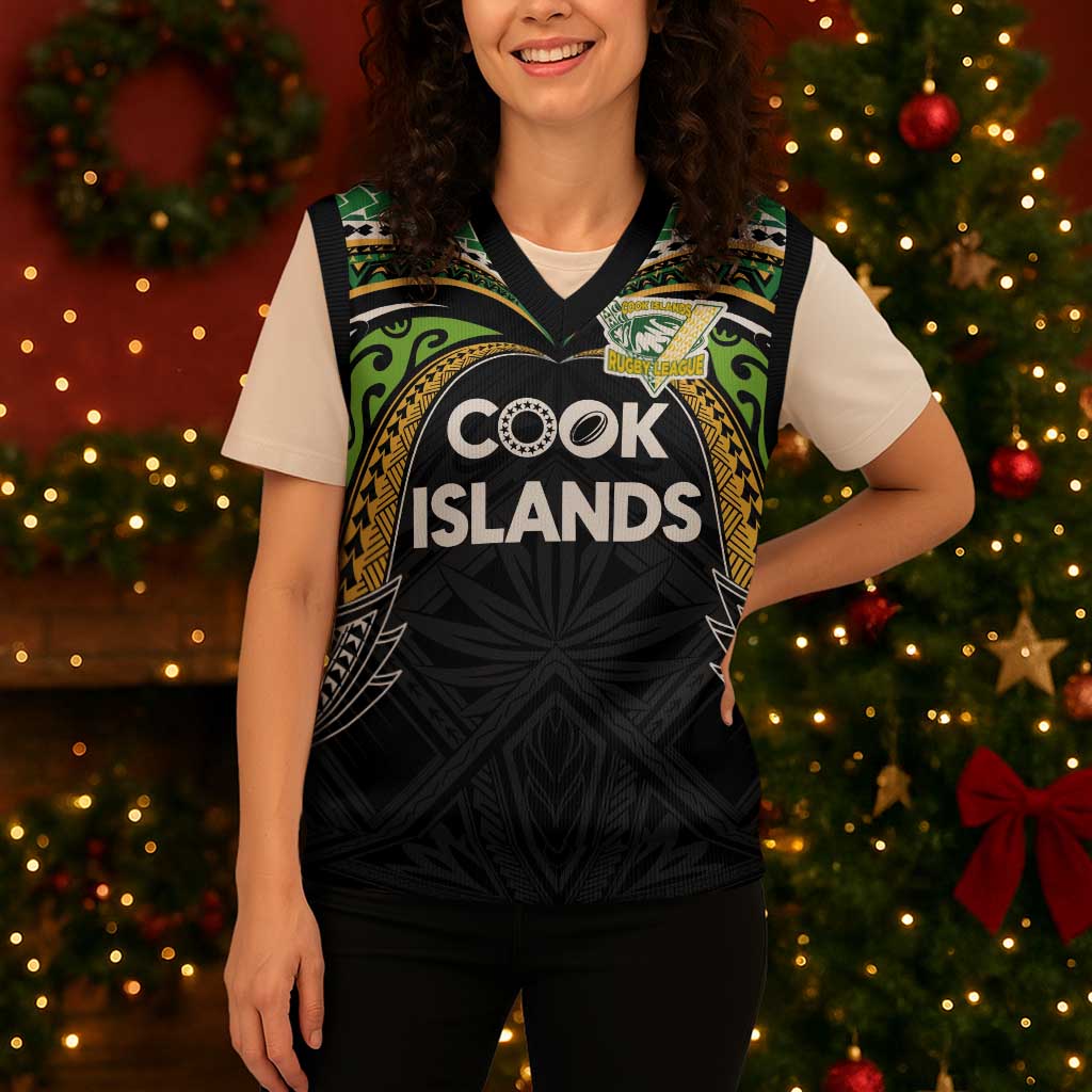 Custom Cook Islands Rugby League Christmas Knitted V-Neck Vest Tatau Tribal Motifs-Black Color - Polynesian Pride