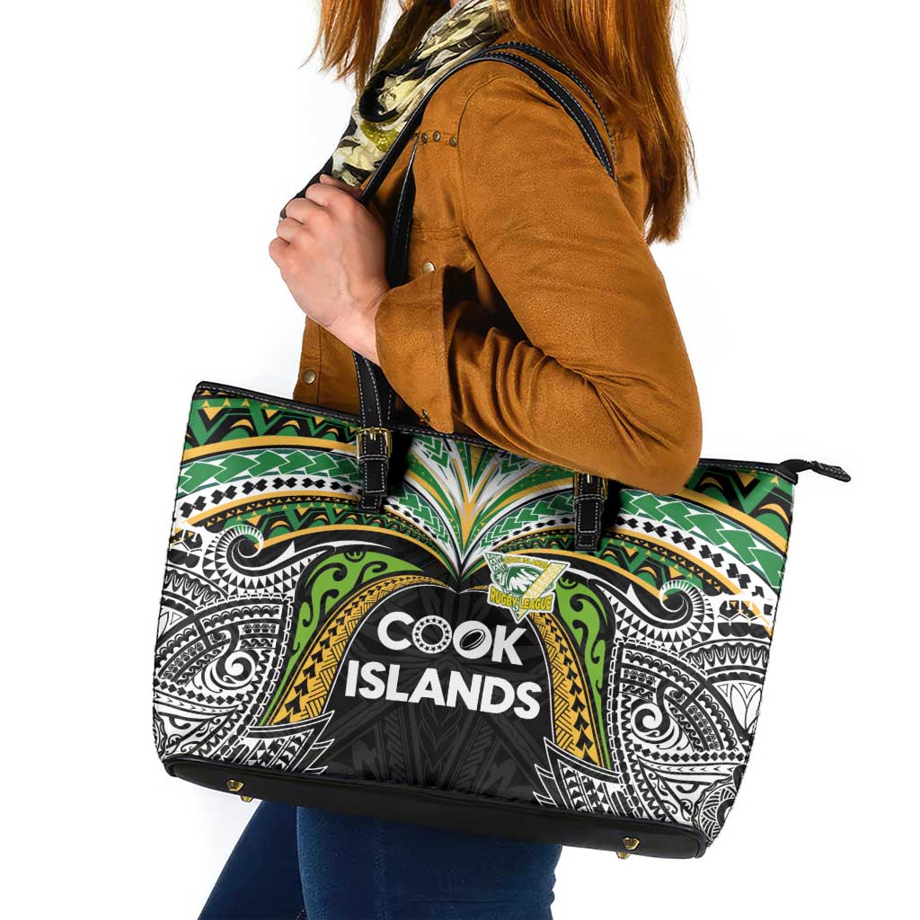 Cook Islands Rugby League Leather Tote Bag Tatau Tribal Motifs-Black Color - Polynesian Pride