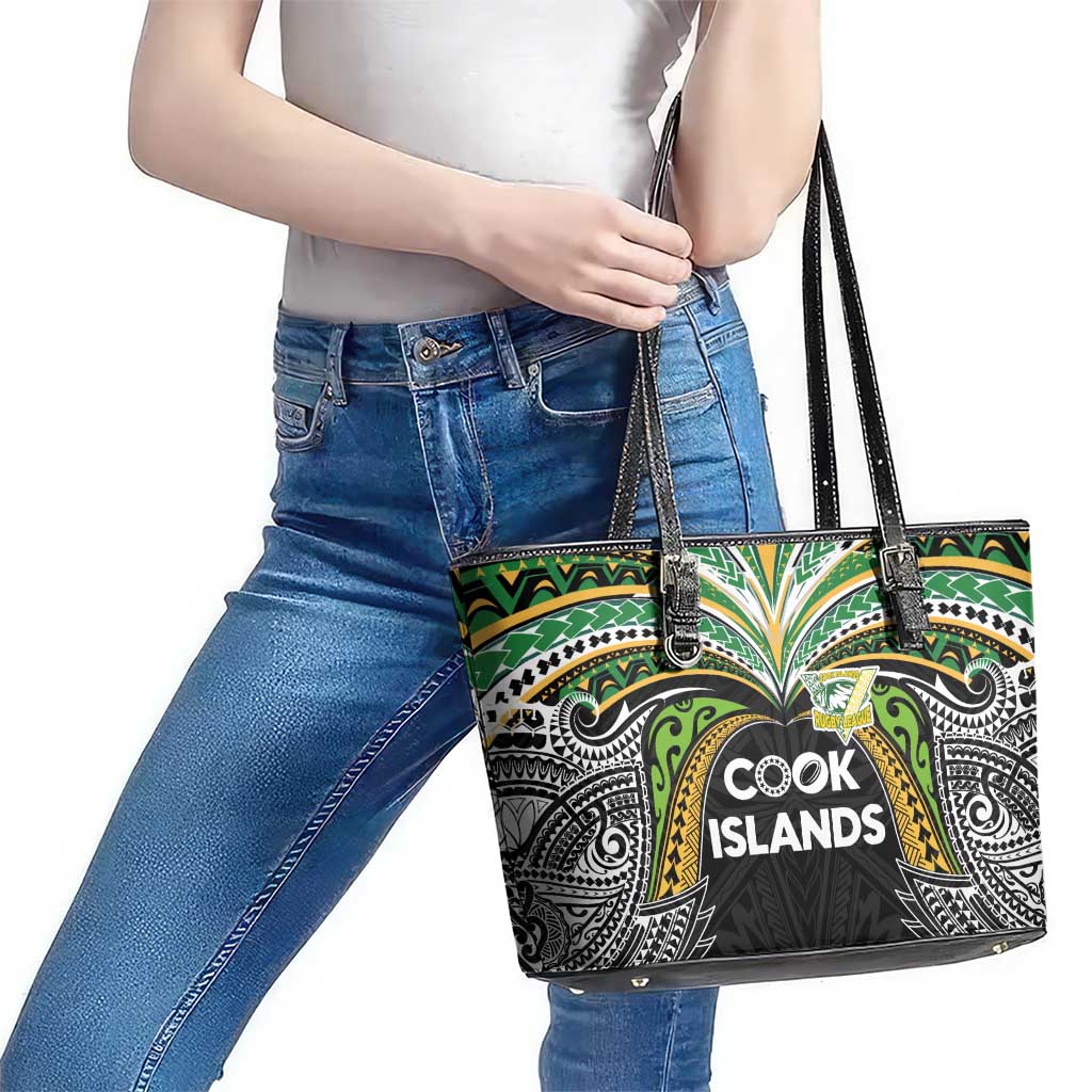 Cook Islands Rugby League Leather Tote Bag Tatau Tribal Motifs-Black Color - Polynesian Pride