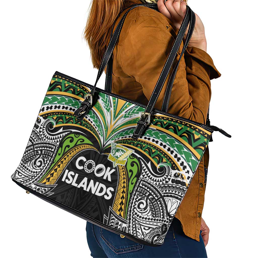 Cook Islands Rugby League Leather Tote Bag Tatau Tribal Motifs-Black Color - Polynesian Pride