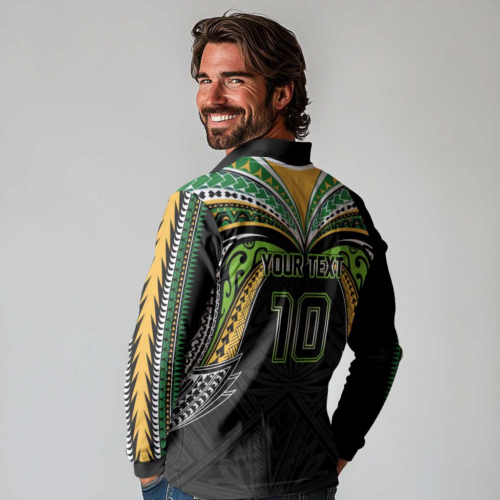 Custom Cook Islands Rugby League Long Sleeve Polo Shirt Tatau Tribal Motifs-Black Color - Polynesian Pride