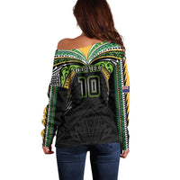Custom Cook Islands Rugby League Off Shoulder Sweater Tatau Tribal Motifs-Black Color - Polynesian Pride