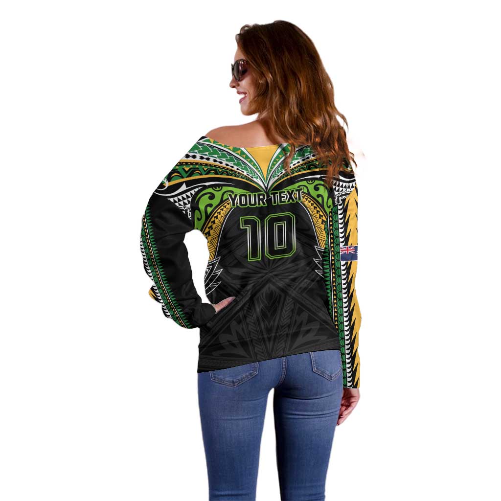 Custom Cook Islands Rugby League Off Shoulder Sweater Tatau Tribal Motifs-Black Color - Polynesian Pride