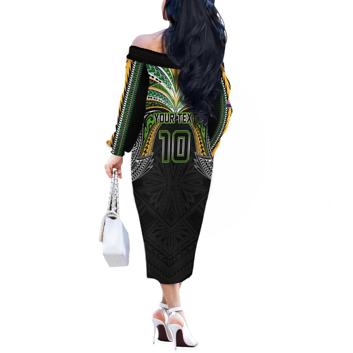 Custom Cook Islands Rugby League Off The Shoulder Long Sleeve Dress Tatau Tribal Motifs-Black Color - Polynesian Pride