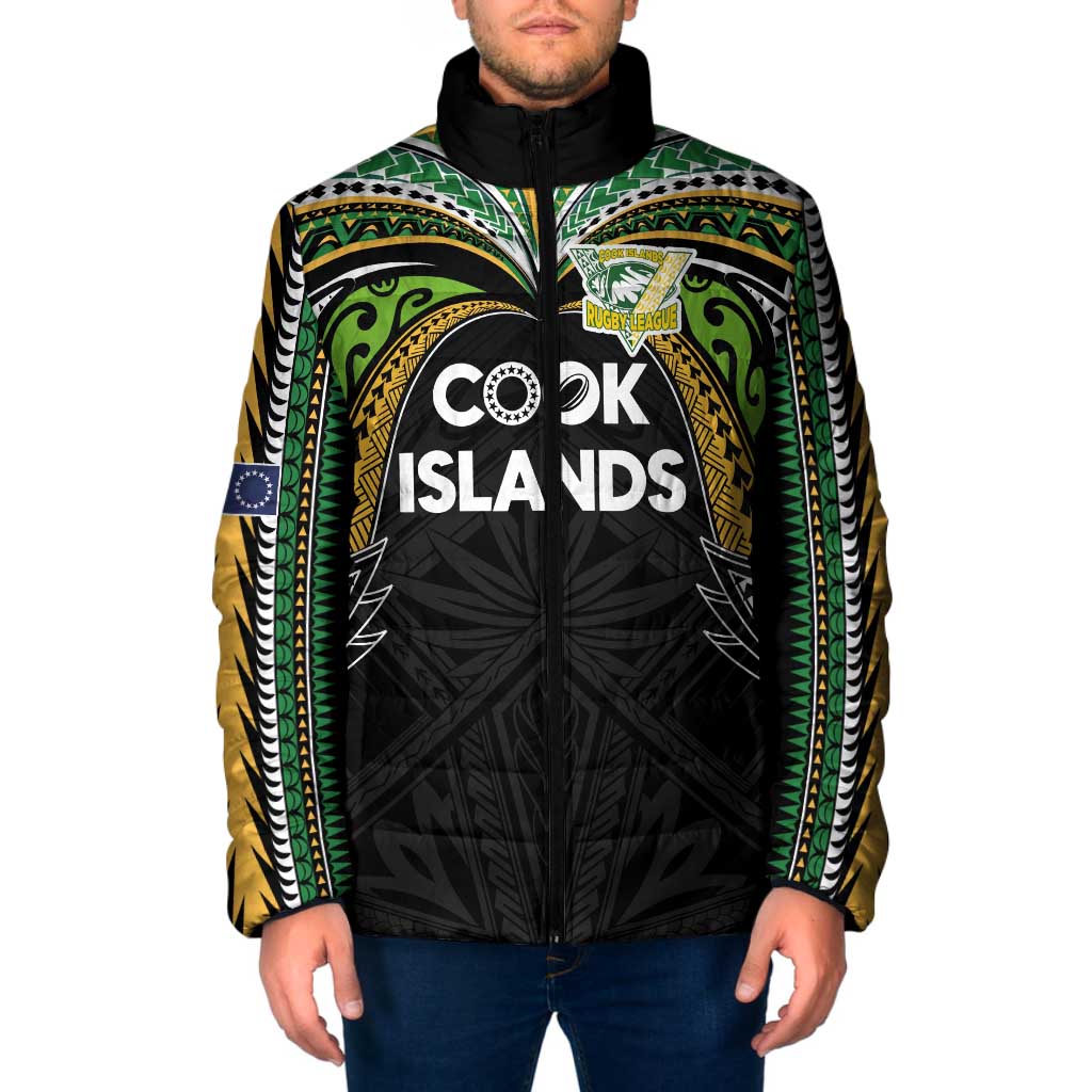 Custom Cook Islands Rugby League Padded Jacket Tatau Tribal Motifs-Black Color - Polynesian Pride