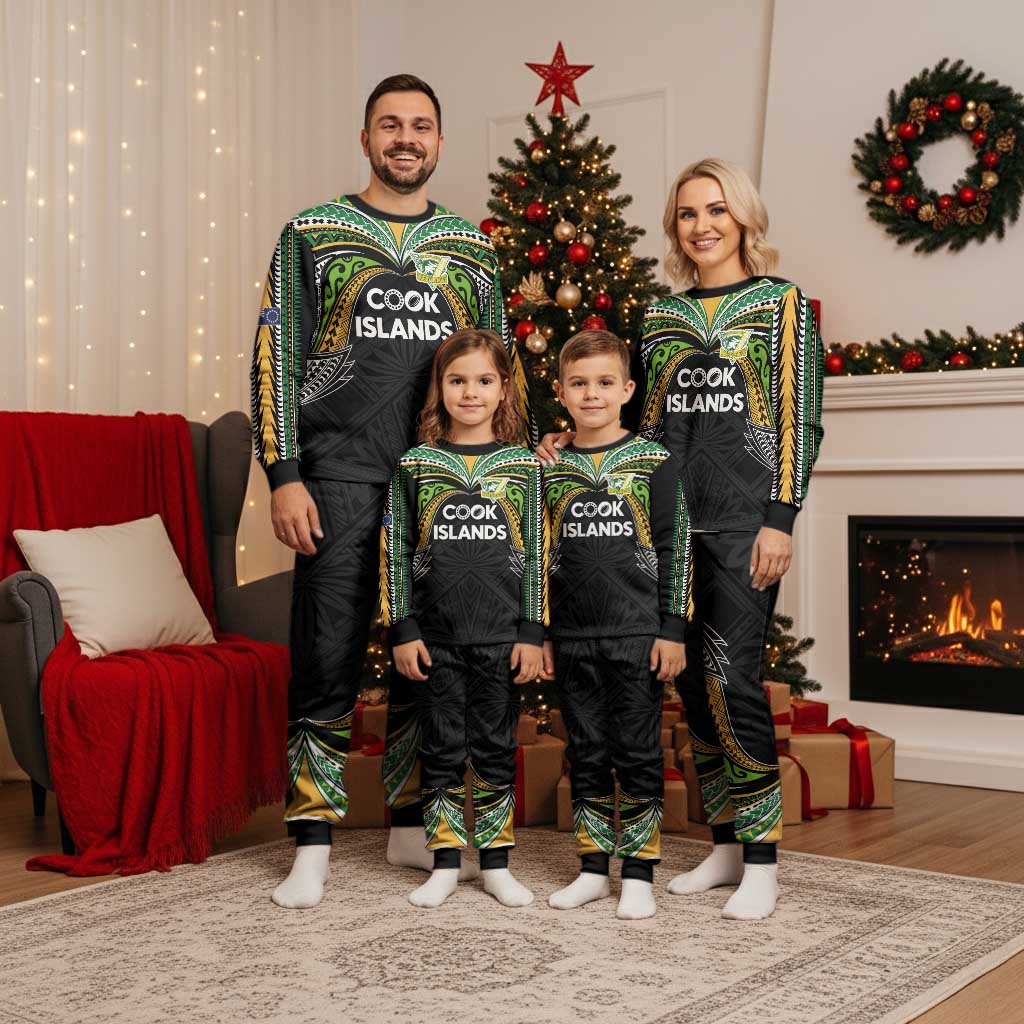 Custom Cook Islands Rugby League Christmas Pajama Set Tatau Tribal Motifs-Black Color - Polynesian Pride